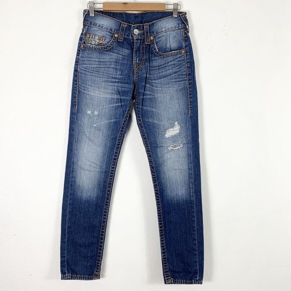 True Religion Size 28 Jeans Dean Tapered Leg Red Orange Big T Mens Distressed